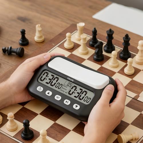Image of VINJOE Chess Clock Digital Chess Timer Professional for Board Games,Portable Digital Chess Clock & Game Timer with Basic,Bonus,Delay and Positive Time Features Best Gifts for Christmas(Without Battery