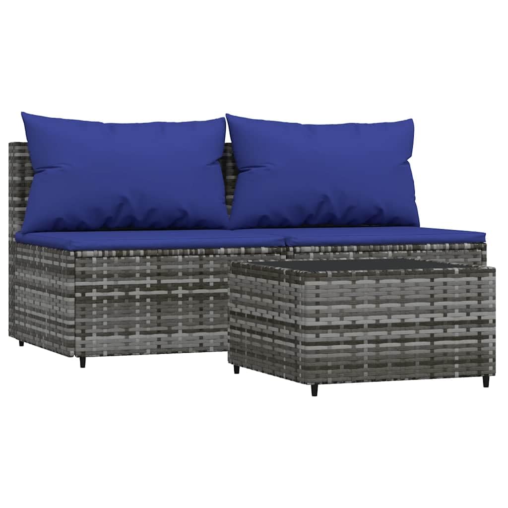 ACAGALA Set di 3 mobili da giardino in polyrattan, con cuscino, 2 parti centrali + tavolo come piano in vetro temperato, set per giardino, terrazza, grigio e blu