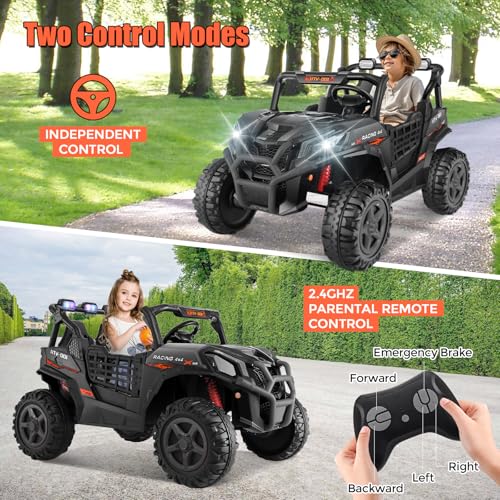 Image of Hikole 24V 4x4 Ride on Toys for Big Kids with 4X200W Powerful Motors, 4WD /2WD Switchable 2 Seater Electric Car with Parent Remote, Colorful Lights, Music, Power Car Wheels for Boys Girls, Black