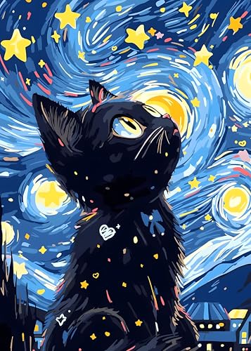 Sternennacht Katze Puzzle 1000 Teile Erwachsene Tiere Katzen Magische Katzen Puzzle Erwachsene 1000 Teile Impossible Klassische Puzzles als Geschenk für Familie und Freunde (70 x 50 cm)