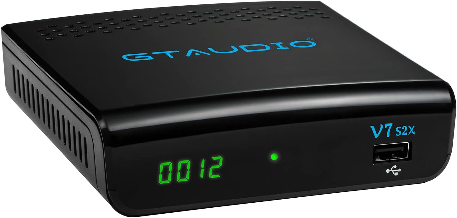 Rear panel of the GTMEDIA V7S2X receiver showing LNB IN, HD OUT, CVBS, L/R audio, USB, and DC 12V ports.