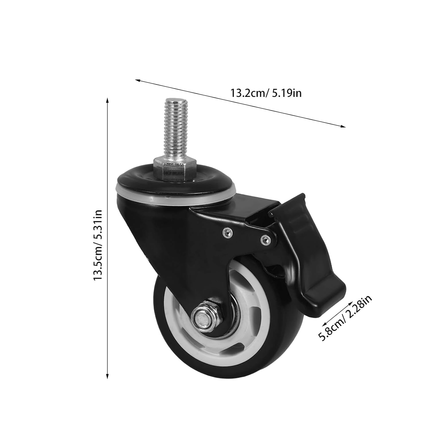 3-inch Quiet Furniture Casters with Brake, M12x30 Threaded Stem Crystal Caster Wheels, 2pcs for Office Chairs, Cabinets, and Equipment