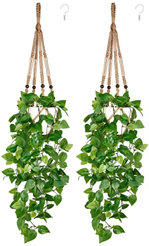 Mkono 2 Packs Fake Hanging Plant with Pot, Artificial Plants for Home Decor Indoor Macrame Plant Hanger with Faux Vine Hanging Planter Greenery for Bedroom Bathroom Office Decor, Brown (Pothos)
