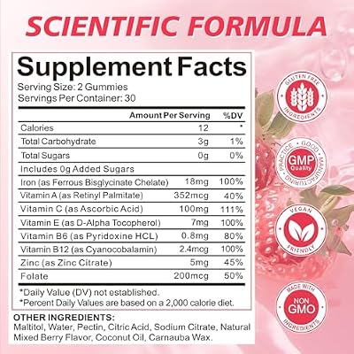 Iron Gummies for Women, Men & Kids, Vegan Iron Supplement with Vitamin C, B12, Folate for Energy Support & Immune Health, Sugar Free, 60 Gummies (Pack of 2)