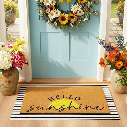 Tinideya 2 Pcs Summer Sunshine Door Mat Yellow Welcome Non Slip Coir Mats Stripe Floor Layering Doormats Seasonal for Front Porch Entryway Decor(Sunshine)