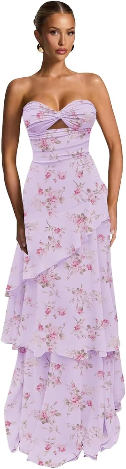 RunaCelle Tiered Chiffon Prom Dresses for Women Long Strapless Formal Dress Sweetheart Cutout Bodycon Evening Gown