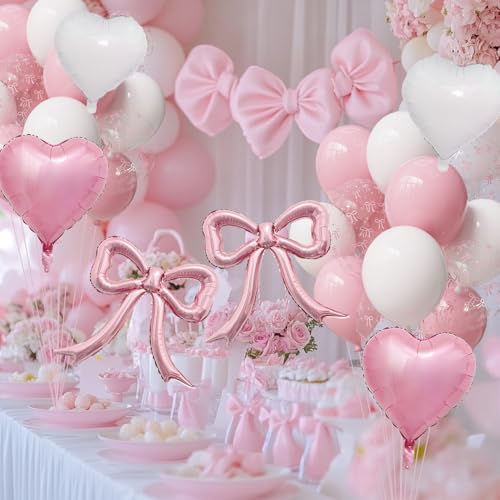 Image of Pink Bow Balloon Party Decor,Pink & White Bow Print Balloons for Girls Just Wanna Be One,Bridal Shower Coquette Birthday Decorations for Girls, Women, Baby Shower
