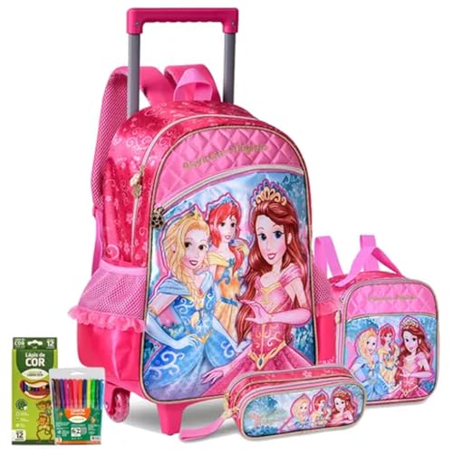 Kit Mochila Rodinhas Escolar de Princesas Fofa com Brilho Meninas Lancheira e estojo