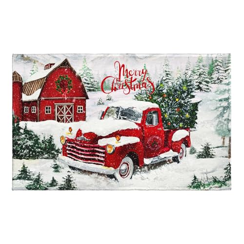 Giwawa Red Truck Bath Rug Winter Pine Tree Bathtub Mats 20X32 Inch Non Slip Absorbent Xmas Holiday Soft Plush Doormat for Bathroom Sink Tub Toilet