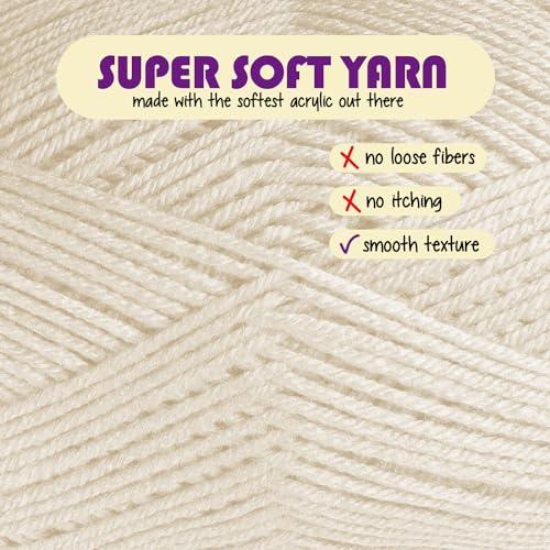 Image of Acrylic Yarn for Crocheting & Knitting - Soft Crochet Yarn for Crocheting, 3 Pack of 370 Yards, Perfect for Crafts & Amigurumi, Medium Worsted Weight 4, Cream