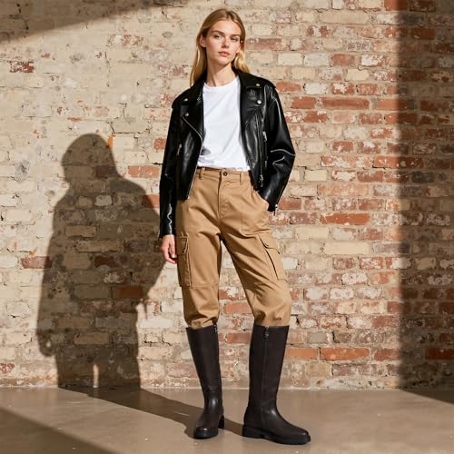 Image of VIUGJNEX Knee High Boots Women Low Heel Flat Chunky Fall Tall Riding Boots | Round Toe Boots, Platform Block Heeled Boots, Lug Sole Long Riding Boots, Low Heel Flat Boots with Side Zipper
