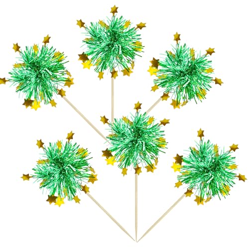 Ephlyn 30Pcs Foil Firework Cupcake Toppers Happy Birthday Cake Toppers Tinsel Flower Drink Stirrers Cocktail Food Fruit Toothpicks for Valentine's Day Party Decorations Green by Ephlyn - Used condition - Image 3