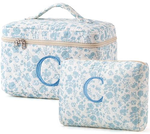 HBselect 2Pcs Initial Makeup Bag Personalized Quilted Cosmetic Bag