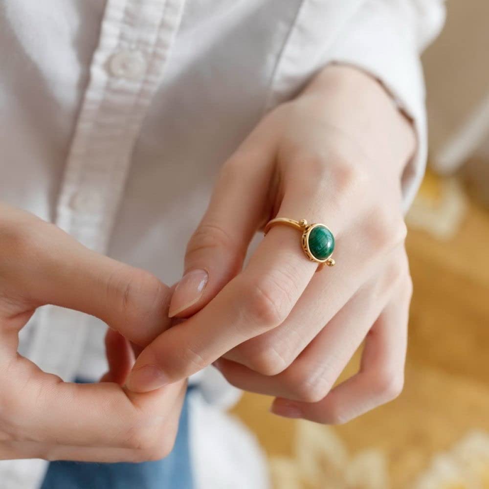 HGJH Anelli d'Argento,Anelli Regolabili per Donna Anelli Tondi in Argento Sterling 925 Malachite Placcato Oro Matrimonio 7 Anelli Chakra Anelli Promessi per Ragazze Signore