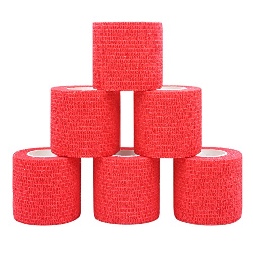 Vet Wrap 2 Inch Self Adhering Cohesive Bandage Wrap, Red, 6 Pack
