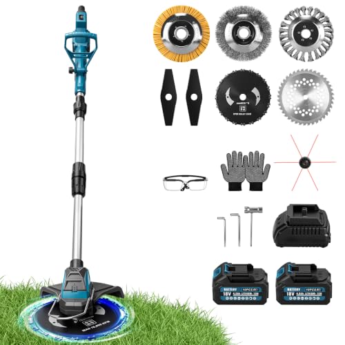 Decespugliatore a batteria da 1200 W, con 2 batterie e caricatore, motore | Decespugliatore senza spazzole con 3 spazzole e 2 lame, regolabile da 100 a 140 cm, per erba, erbacce, muschio e arbusti