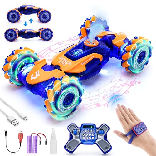 Acemall Coche Teledirigido, Coche AcrobáTico Camiones Diseño Transparente con Control por Gestos, Spray, Luces y Música, 2.4Ghz Niños Coche Teledirigido Juguete Niño Regalo 3 4 5 6 7 8 9 12 Años Niña