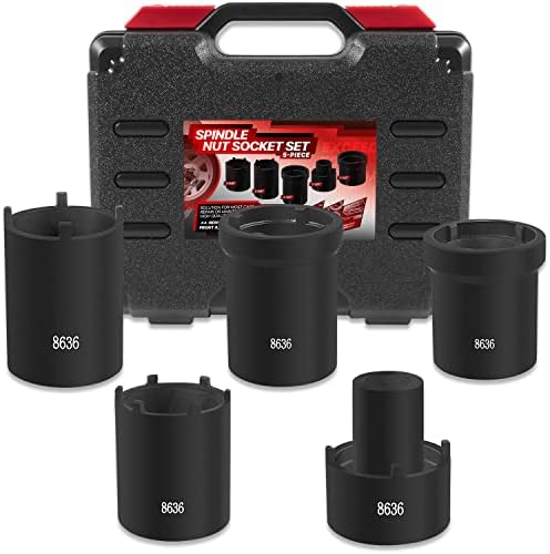 5pcs Spindle Nut Sockets Kit Hub Nut Sockets Axle nut Remover Installer For Ford Dana 50/60 Heavy Duty With Storage Case, Replace# 648636, 1/2" Drive