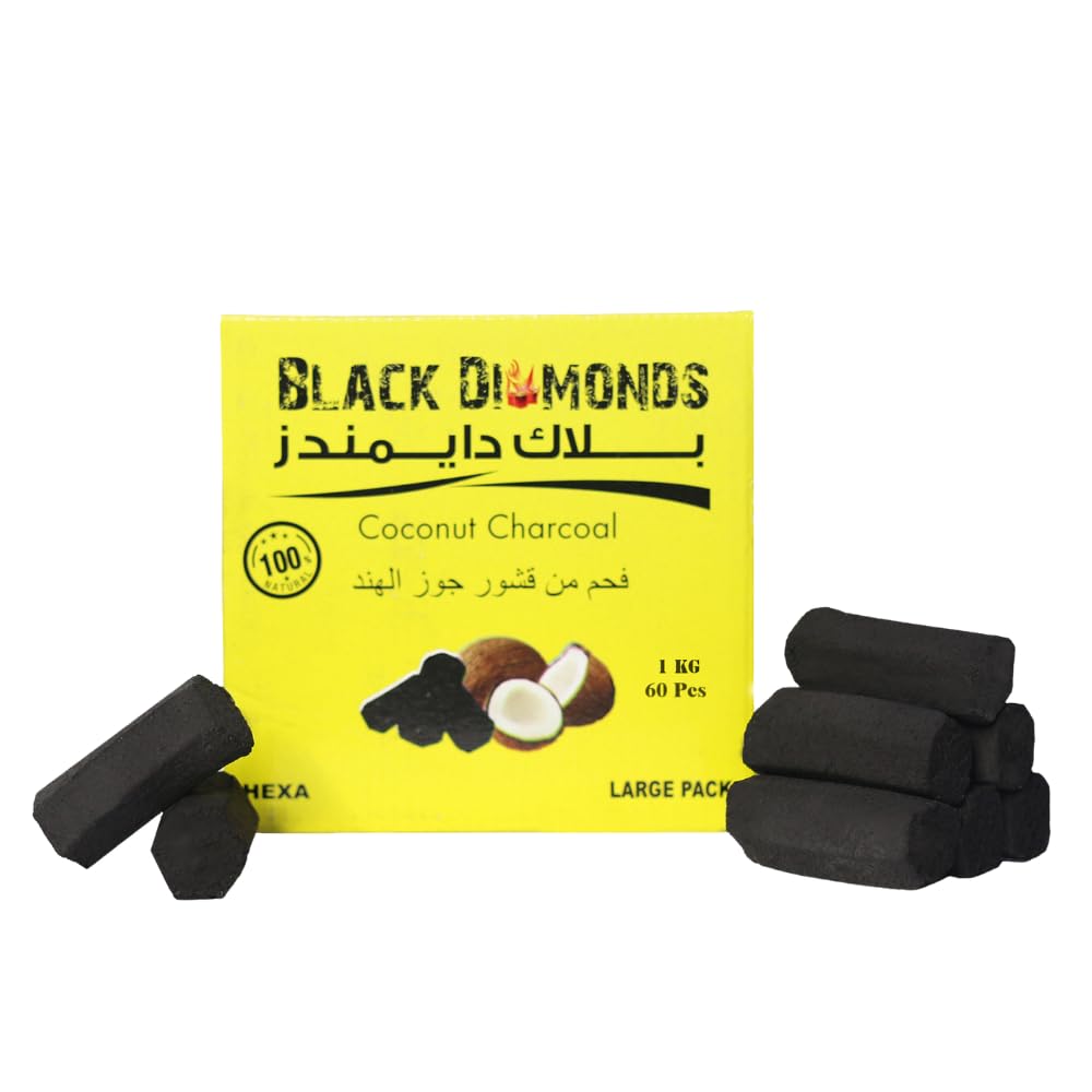 BLACK DIAMONDS100% Natural Coconut Shell Charcoal Sticks For Shisha Hookah And Bakhour 60 Extra Large Peices per Box (1KG) (Hexagon)