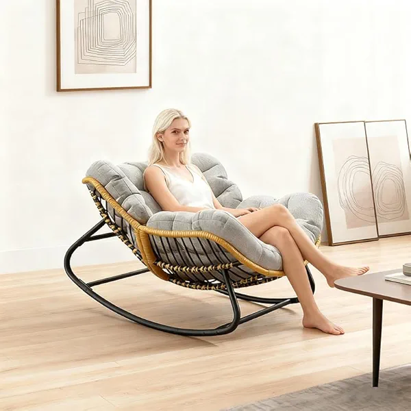 Oversized Rocking Chair,Outdoor/Indoor Patio Papasan Rocker with Thick Cushion, Rattan Wicker Lounge Egg Chair for Bedroom, Living Room, Porch, Garden Backyard-Grey