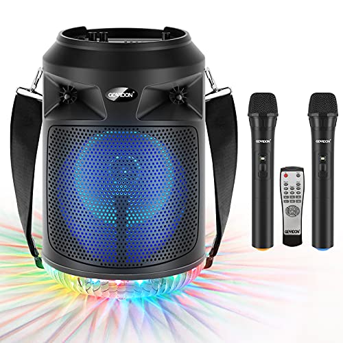 GEARDON Bluetooth Speaker with Wireless Microphones, 8" Subwoofer, Portable Outdoor Karaoke Machine for Adults & Kids w/ DJ Lights, Mics for Singing, Recording, BT/AUX/USB/TF/FM, Party Loud-Speaker