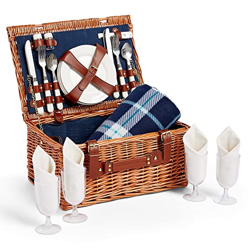 VonShef Picnic Basket, 4 Person Luxury Wicker Picnic Hamper, Includes Full Dining & Cutlery Set & Large Waterproof Picnic Blanket, Large Travel Picnic Set