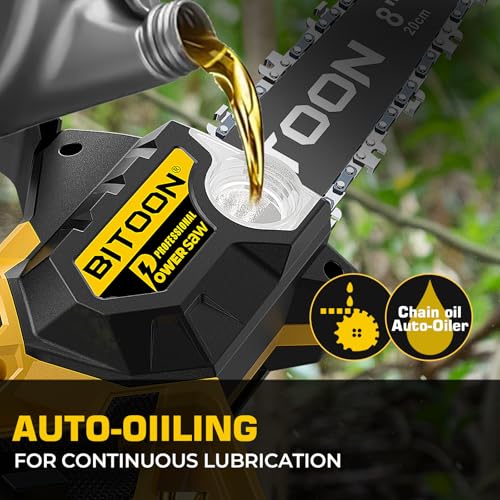 Image of BITOON 8-Inch Mini Chainsaw with 2PCS 3.0Ah Battery and Charger, Auto-Oiler, Brushless Cordless 8-Inch and 6-Inch 2-in-1 Pruning Chain Saw, Portable Electric Chainsaw for Cutting Wood, Branches Yellow