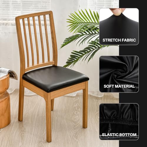 Image of SearchI Waterproof PU Leather Seat Covers for Dining Chairs, 4 Pack Stretch Dining Room Chair Seat Covers, Kitchen Chair Seat Covers Protectors (Black)