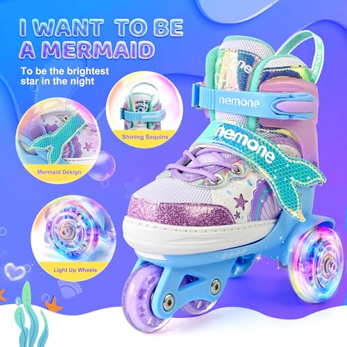 Image of NEMONE Mermaid 4 Size Adjustable Light up Roller Skates for Girls, Blue Purple Skates for Toddlers, Beginner Kids Roller Skates Indoor Outdoor (Blue XS)