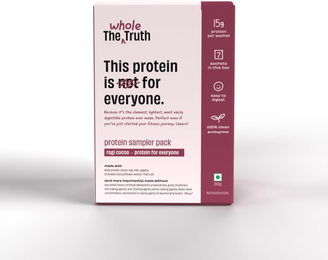 The Whole Truth 15 g Protein/Sachet | Pack of 7 Sachets | Ragi Cocoa | Protein For Everyone | Beginners Protein Powder | Clean, Light & Easy to Digest | No Artificial Flavours (210 g)