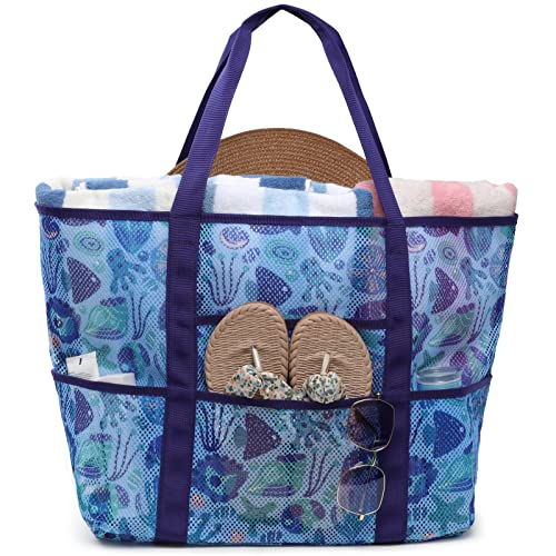F-color Mesh Beach Bag for Women - Oversized Beach Tote 9 Pockets Beach Towel Bag, Seashell Blue
