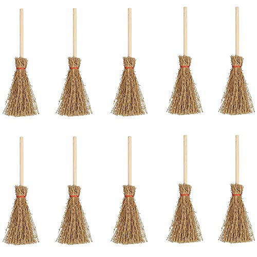 CENPEK 10 mini vassouras artificiais com corda vermelha para decoração de artesanato de palhinha em miniatura, acessório para festas de Halloween
