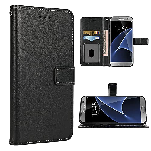 FDCWTSH Compatible with Samsung Galaxy S7 Edge Wallet Case and Wrist Strap Lanyard Leather Flip Cover Card Holder Stand Cell Phone Cases for Glaxay S7edge Gaxaly S 7 Plus Galaxies GS7 7s 7edge Black