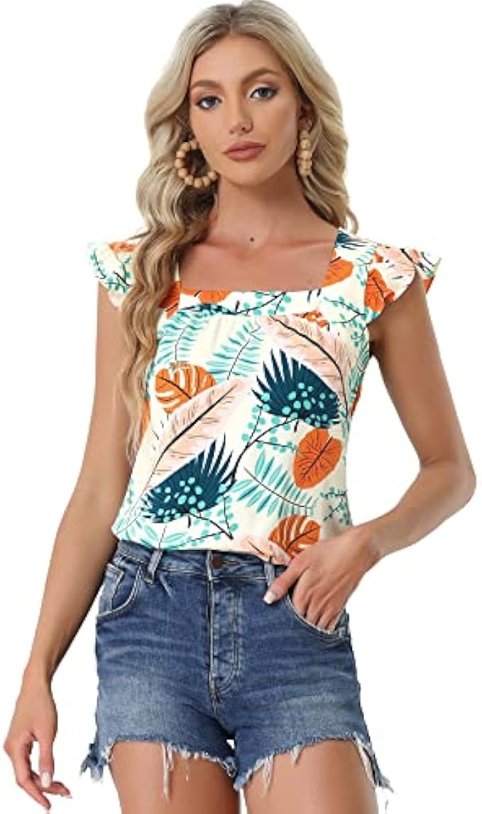 Allegra K Women's Tropical Printed Square Neck Ruffle Sleeve Tank Top
