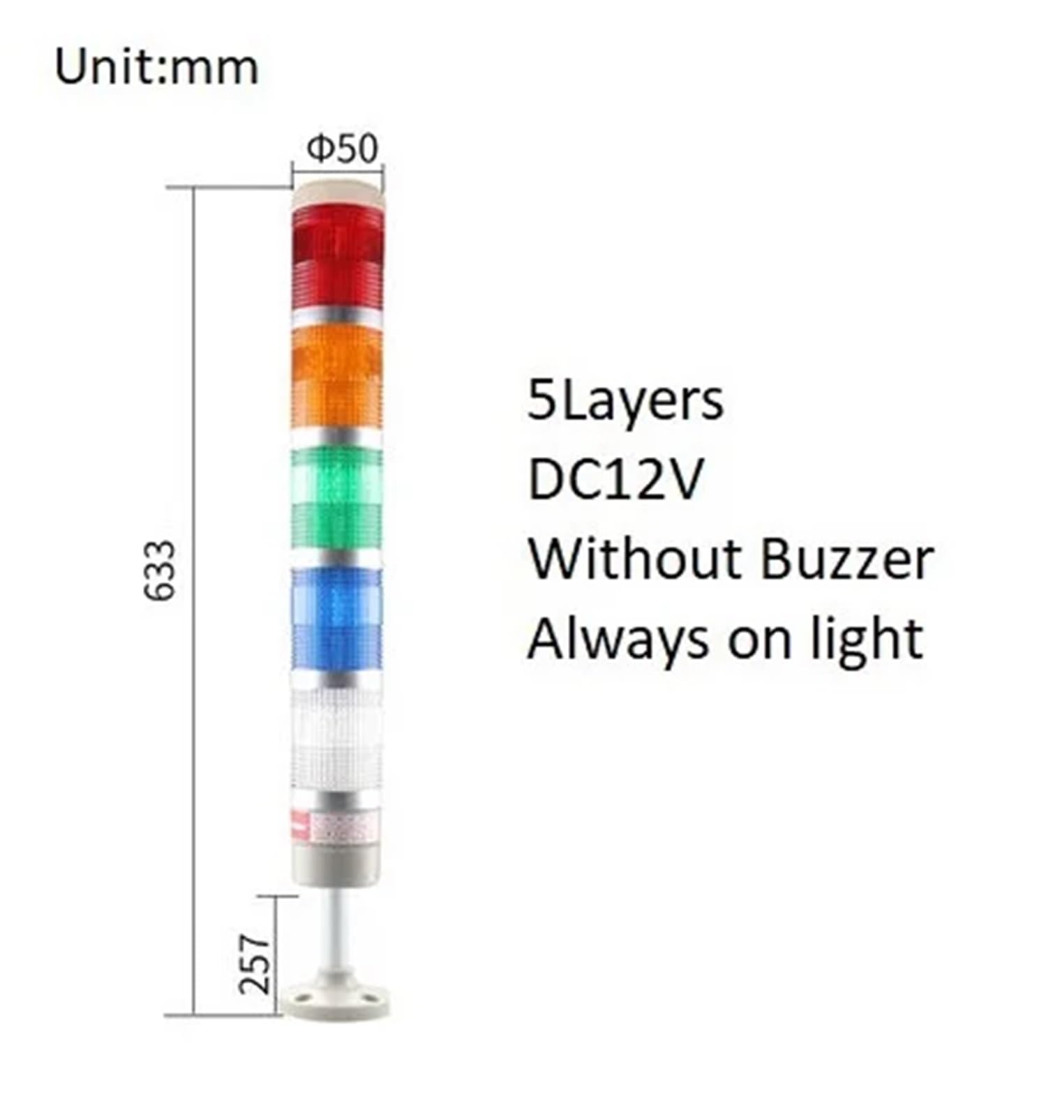 Przemysłowa lampa na baterie, ostrzegawcza wieża świetlna LED, podstawa dysku prostego pręta, DC12V/24V AC110V/220V, bez brzęczyka (5 warstw 12 V bez szumu)