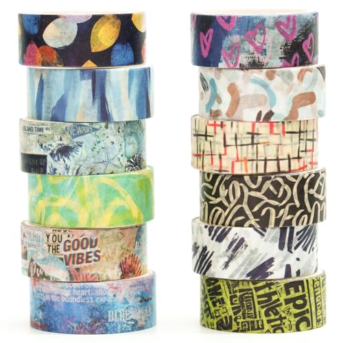 Songdao 12 rollos Expresión Artística Washi Tape Set, Bellas artes Cinta Adhesivo Decorativo Plantas Retro Masking Tapes para Artes, Bullet Journal, Scrapbooking, Bricolaje (1 graffiti)