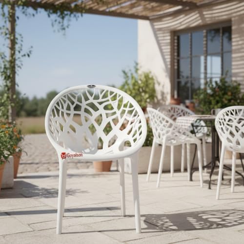 Image of GOYALSON Plastic Web Designer Chair (Jali) - Outdoor Chair Without Armrests, Gloss Finish, Suitable for Home, Office, and Restaurant Use, Weight Capacity 150 kg (4, Crystal White, Standard)