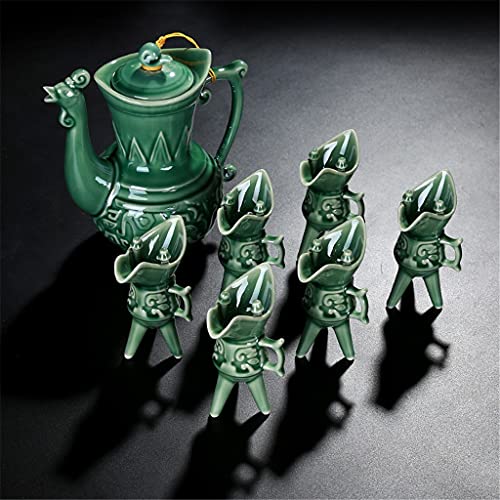 Juego de vino de cerámica Flagon, copa de vino blanco, celadón, taza antigua, trípode, copa de vino, dispensador de vino regalo (Color: A) (A)