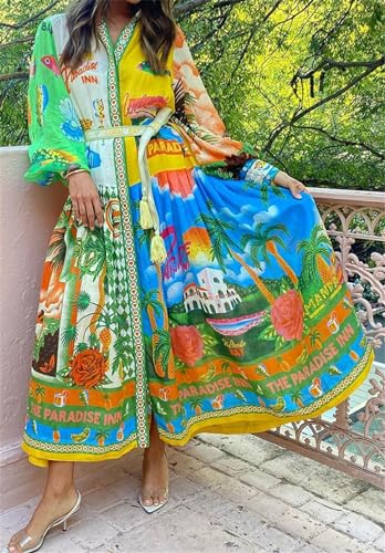 Image of Qikaka Women's Long Puff Sleeve Lapel Button Printed A-Line Sexy Nightclub Vacation Beach Belted Dress