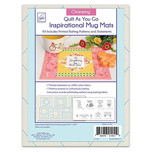 June Tailor 0644768 Inspirational Mug Mats Charming Quilt As You Go inspirierende Tassen-Matten, Vorgeschnittene Sortimente, Natürliche blaue Tinte, Each Cover