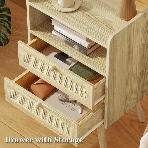 SUPERJARE 2 Drawer Night Stand with Charger Station, Boho Rattan Nightstand Set of 2, 25.2 Inch Tall Bed Side Table with Solid Wood Feet, End Table, Open Storage, Synthetic Rattan, for Dorm, Natural