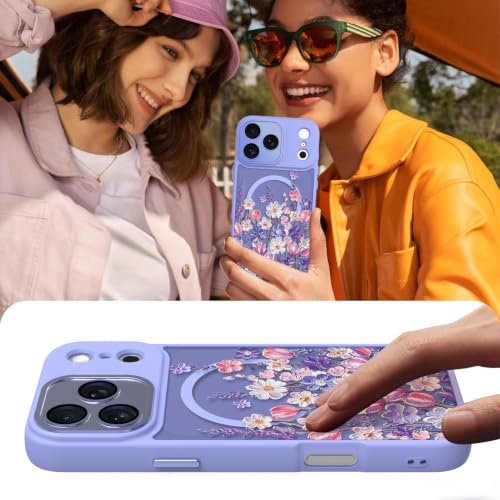 Image of Magnetic for iPhone 17 Pro Max Case for Women Girls, Purple Floral | Cute Oil Painting Flower Pattern Design [Compatible with MagSafe] [Full Camera Protection] Translucent Slim Shockproof Cover