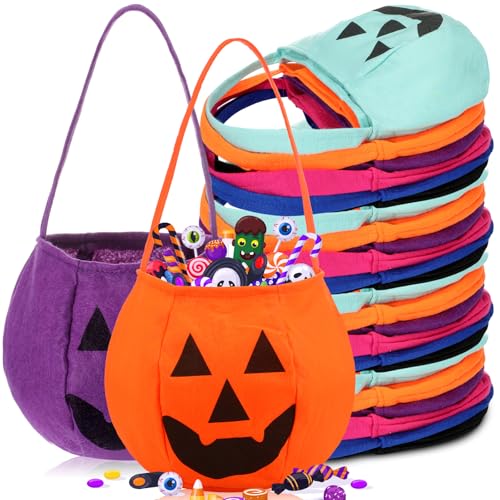 Silkfly 72 Pcs Large Halloween Pumpkin Candy Bags Non Woven Halloween Treats Bags Goodie Bucket Candy Tote for Costume Favors Party Supplies Treat Gifts (9.84 x 9.84 x 7.87 Multicolor)