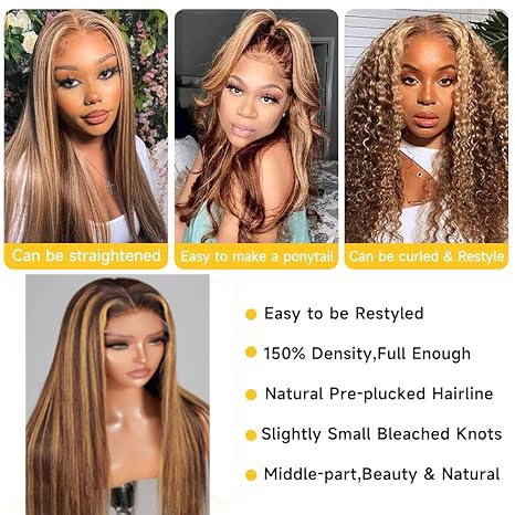 Glueless Wig Human Hair13x4 Human Hair Wig Balayage Chocolate Brown Highlighted Caramel Blonde Lace Front Wig Human Hair Pre Plucked Colored Lace Front Wigs for Black Women 22Inch(22 Inch #P4/27) - Image 4