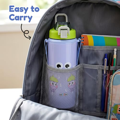 Image of Nayasa Kiddy Duo-Sip Kids Insulated Inner Steel Water Bottle 700-635 ml | Dual Drinking Mode | BPA-Free & Food Grade | Brinjal Print | With Strap, Handle & Neck Band | Lavender