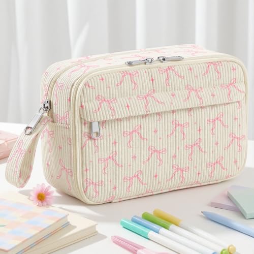 shiprabags Large Pencil Pouch for Girls Cute Corduroy Pencil Case Pouch Aesthetic Soft Pencil Bag for School Zippered Pencil Organizer School Supplies for Teen Girls Women Gift (Pink Bow Stars)