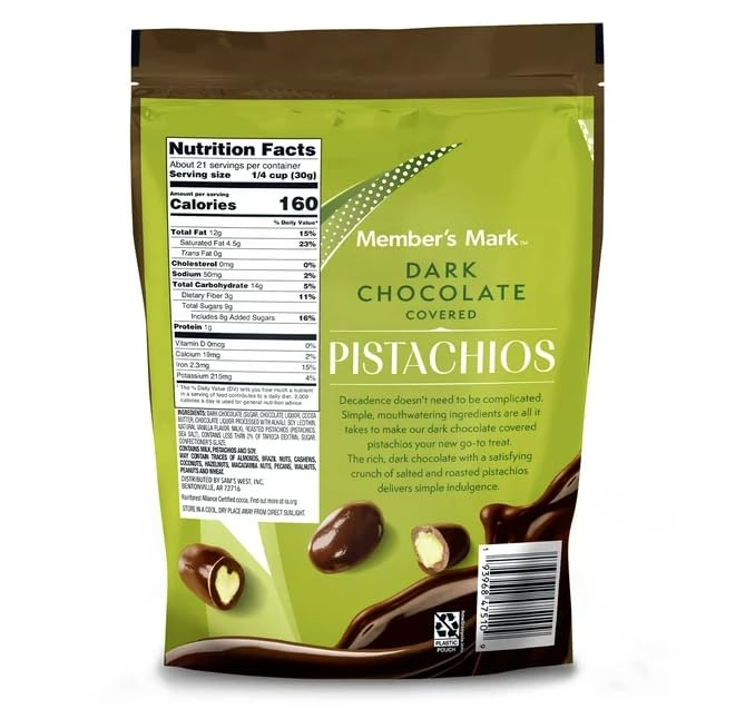 Member's Mark Dark Chocolate Covered Pistachios, 22 Ounces, Resealable Bag