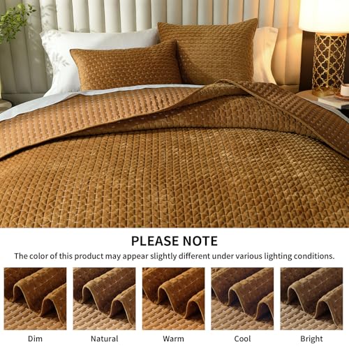 Image of Grassix Velvet Quilt Set King Size, Luxury Cross Stitch, Gold Caramel | Lightweight Velvet Comforter with 2 Pillow Shams, Soft Bedspread Coverlet, Quilted Bedding Set for All Seasons, 108 inchx96 inch