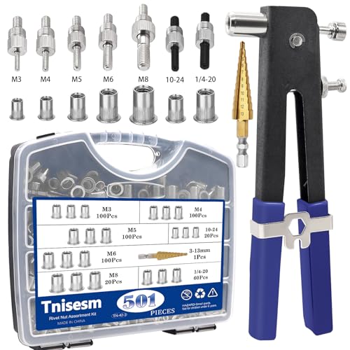 Tnisesm 501Pcs Rivet Nut Tool Kit(1/4-20/10-24/M8/M6/M5/M4/M3),Nutsert Tool Kit with 7 Size SAE & Metric Rivet Nuts Assortment Kit Suitable for Automotive,Industrial Applications