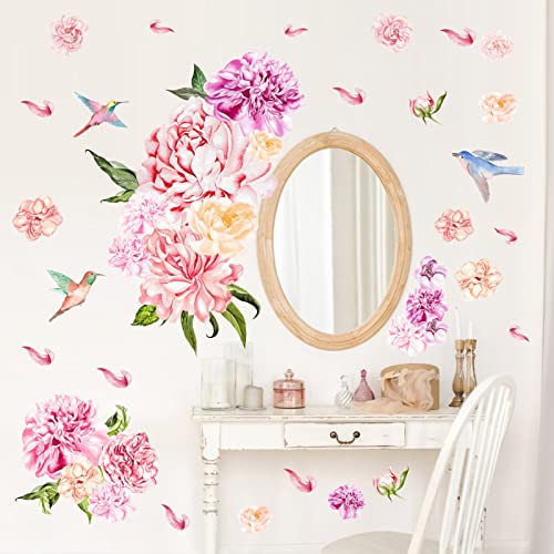 Colorful Floral Wall Decals Large Peony Flower Wall Stickers Peel And Stick Spring Pink Flowers Wall Decals Watercolor Birds Floral Flower Wall Stickers For Girls Room Bedroom Nursery Decor #TOP1